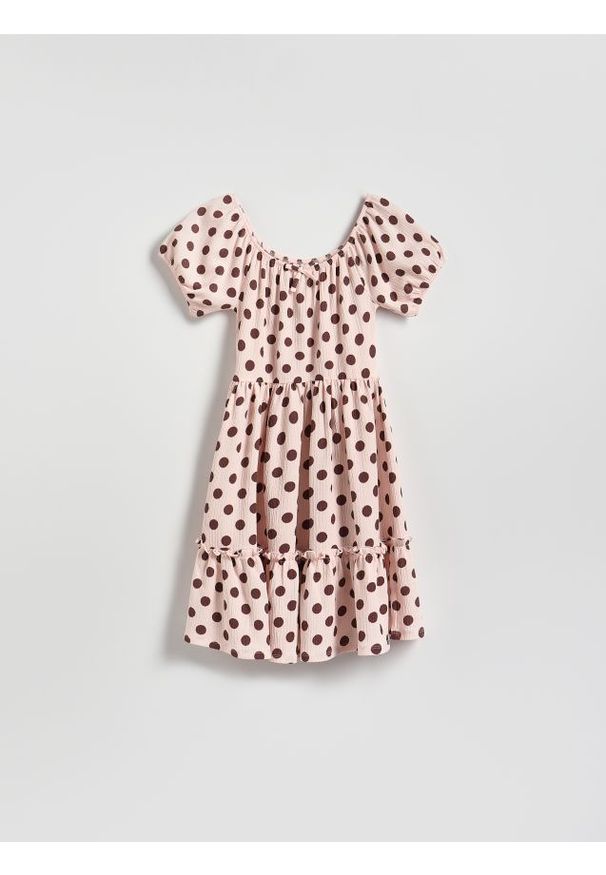 Reserved - Sukienka w kropki - pastelowy róż. Kolor: różowy. Materiał: dzianina. Wzór: kropki