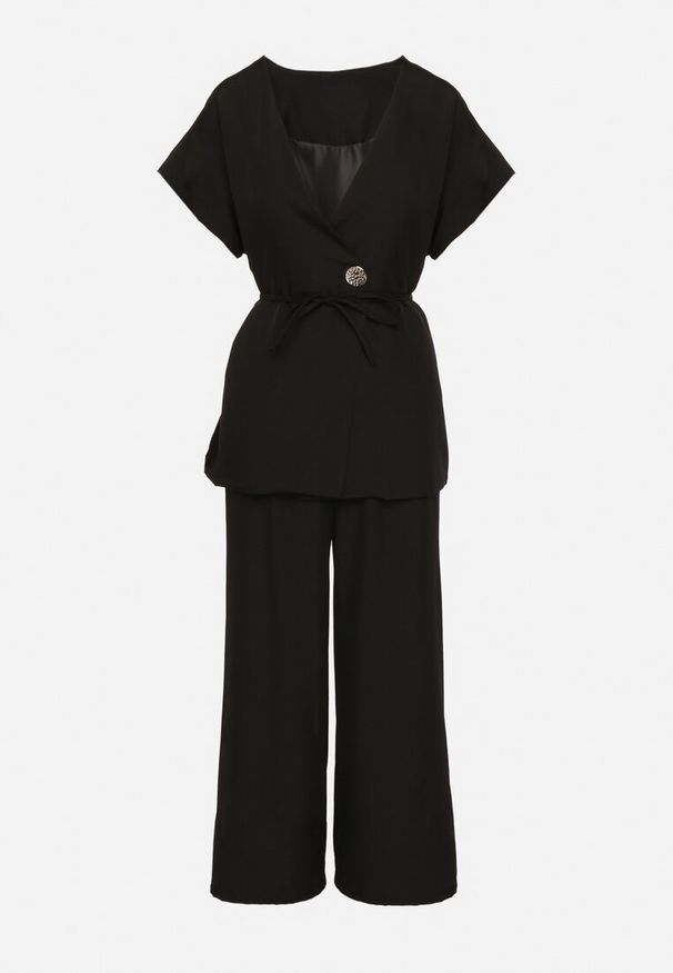 Born2be - Czarny Garniturowy Komplet Marynarka z Paskiem i Szerokie Spodnie Milsedi. Kolor: czarny