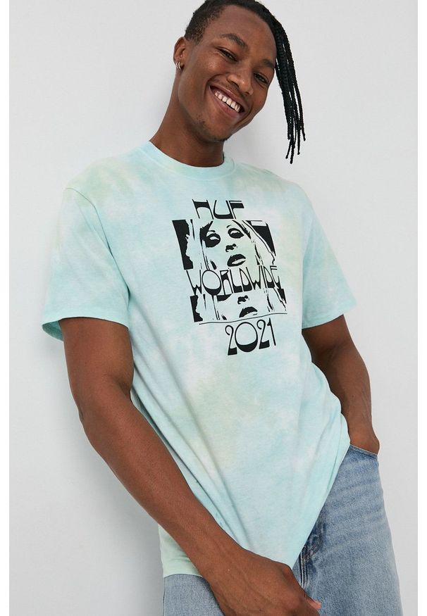 HUF - T-shirt bawełniany. Okazja: na co dzień. Kolor: niebieski. Materiał: bawełna. Wzór: nadruk. Styl: casual