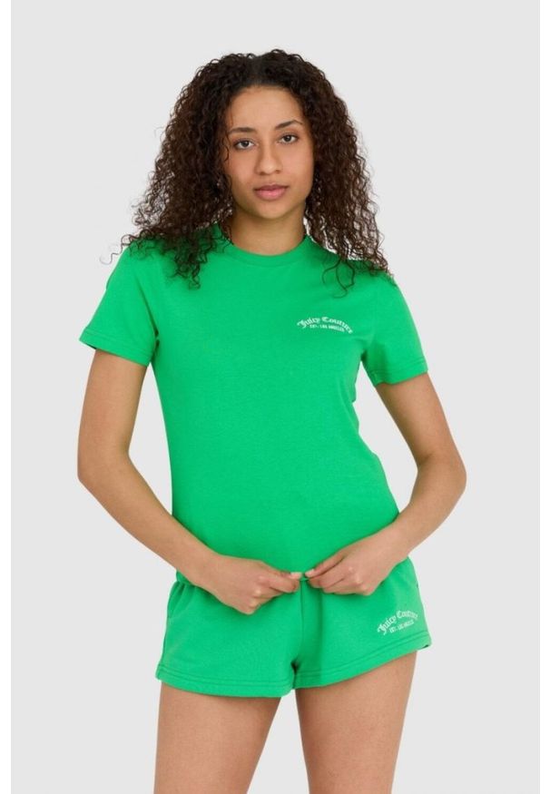 Juicy Couture - JUICY COUTURE Zielony t-shirt damski haylee recycled z haftowanym logo, Rozmiar M. Kolor: zielony. Wzór: haft