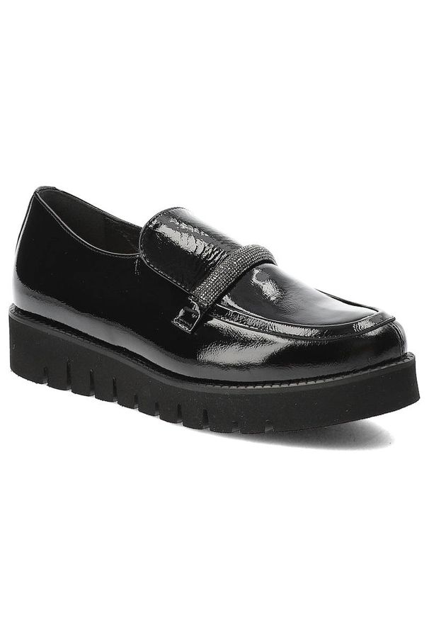 Czarne Półbuty Armodo Eleganckie Buty Damskie. Okazja: na spacer, na spotkanie biznesowe. Zapięcie: pasek. Kolor: czarny. Materiał: lakier, skóra. Wzór: aplikacja. Obcas: na platformie. Styl: elegancki