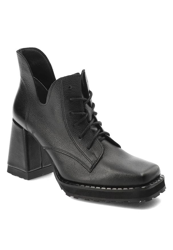 Czarne Botki Exquisite Modne Skórzane Buty Damskie. Kolor: czarny. Materiał: skóra. Wzór: geometria. Styl: klasyczny, elegancki