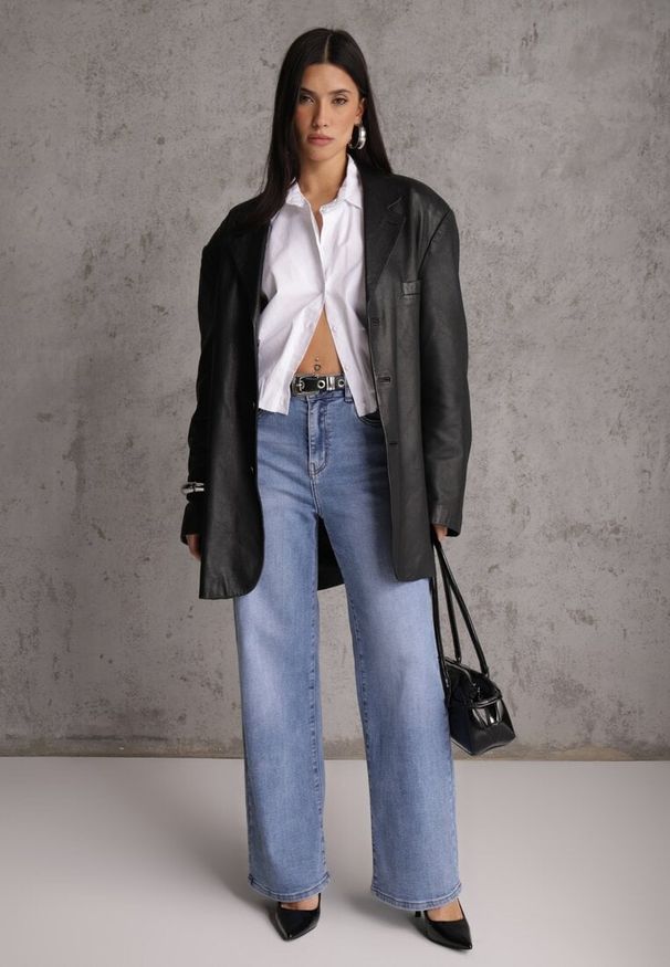 Renee - Niebieskie Jeansy Wide Leg High Waist z Elastycznego Denimu z Bawełną Jelimia. Okazja: na co dzień. Stan: podwyższony. Kolor: niebieski. Styl: casual, elegancki