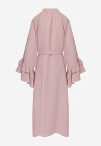 Born2be - Różowa Wiskozowa Sukienka Koszulowa z Falbanami przy Rękawach i Paskiem Dinirae. Okazja: na co dzień. Kolor: różowy. Materiał: wiskoza. Typ sukienki: koszulowe. Styl: casual, klasyczny #7