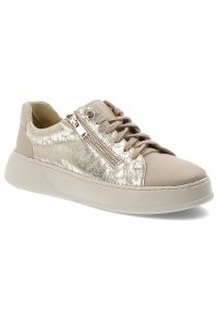Beżowe Sneakersy Armodo Modne Obuwie Damskie. Zapięcie: sznurówki. Kolor: beżowy. Materiał: skóra. Szerokość cholewki: normalna. Wzór: aplikacja