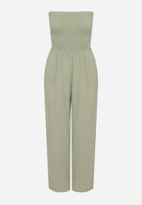 Born2be - Jasnozielony Bawełniany Taliowany Kombinezon Góra Bandeau Wykończona Gumkami Moranna. Okazja: na co dzień. Kolor: zielony. Materiał: bawełna. Sezon: lato. Styl: casual, klasyczny #5