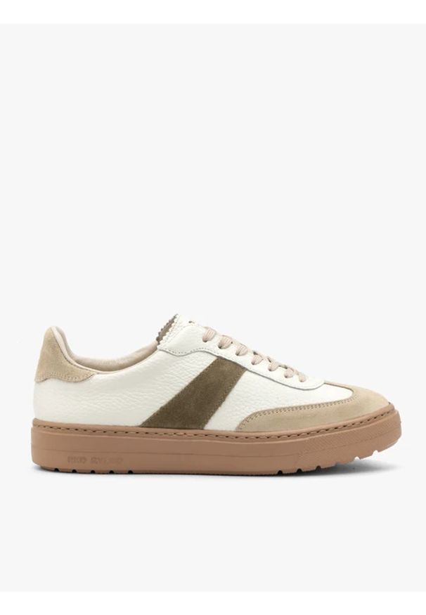 Ryłko - Beżowe sportowe półbuty damskie. Nosek buta: okrągły. Zapięcie: sznurówki. Kolor: beżowy. Materiał: skóra. Obcas: na obcasie. Styl: sportowy