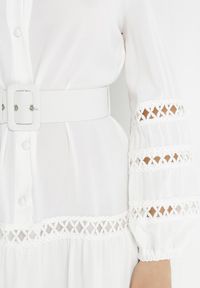 Born2be - Biała Sukienka z Paskiem Dorica. Kolor: biały. Długość rękawa: długi rękaw. Wzór: aplikacja, ażurowy. Sezon: lato. Typ sukienki: koszulowe. Styl: boho. Długość: maxi #3