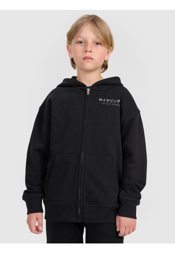 4f - 4F Bluza dresowa rozpinana z kapturem chłopięca - czarna 128 (7-8 lat). Okazja: na co dzień. Typ kołnierza: kaptur. Kolor: czarny. Materiał: dresówka. Wzór: gładki, ze splotem. Sezon: lato. Styl: casual, sportowy