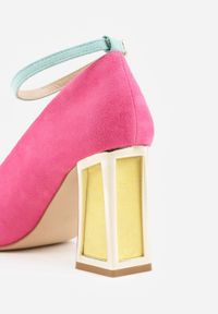 Born2be - Fuksjowe Czółenka na Obcasie z Metaliczną Wstawką i Paskiem Wokół Kostki Linnolira. Okazja: na co dzień. Zapięcie: pasek. Kolor: różowy. Materiał: satyna. Wzór: paski. Obcas: na obcasie. Styl: wizytowy, casual, elegancki. Wysokość obcasa: średni #4