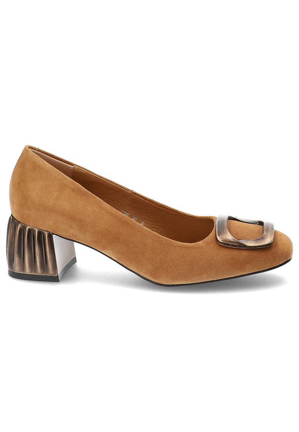 Brązowe Czółenka Espirito Eleganckie Buty Damskie. Zapięcie: klamry. Kolor: brązowy. Materiał: skóra, zamsz. Szerokość cholewki: normalna. Wzór: aplikacja. Styl: elegancki