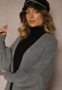 Renee - Szary Kardigan Długi z Bufiastym Rękawem Mesho. Kolor: szary. Materiał: jeans. Długość: długie. Styl: elegancki #4