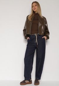 Born2be - Niebieskie Bawełniane Jeansy o Szerokim Kroju z Wysokim Stanem ze Sznurkiem Carmencita. Okazja: na co dzień. Stan: podwyższony. Kolor: niebieski. Styl: casual #4