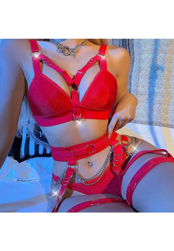 Intica - Komplet bielizny harness z regulacją na romantyczne wieczory Tessi. Kolor: czerwony. Materiał: materiał