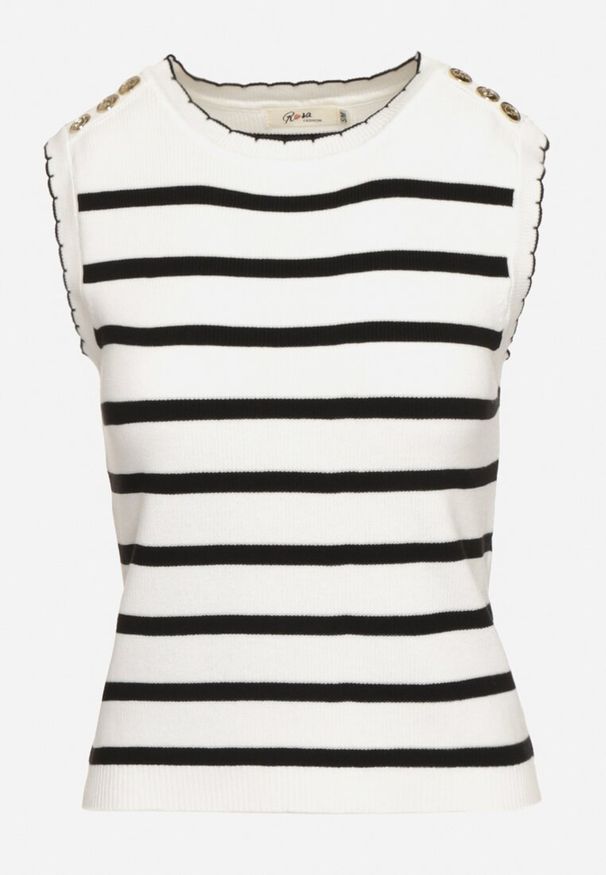 Born2be - Biała Bluzka Top w Paski z Ozdobnymi Guzikami na Ramionach Waveline. Okazja: na co dzień, na spotkanie biznesowe, do pracy. Kolor: biały. Materiał: jeans. Wzór: paski. Styl: klasyczny, elegancki, biznesowy, casual