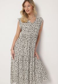 Born2be - Beżowo-Granatowa Bawełniana Sukienka o Rozkloszowanym Kroju z Falbanami i Dekoltem w Serek Ifforine. Okazja: na co dzień. Typ kołnierza: dekolt w serek. Kolor: beżowy. Materiał: bawełna. Styl: elegancki, casual #2