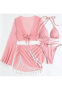 Intica - Komplet bikini z pareo i wielofunkcyjnym topem na plażę Maili. Kolor: różowy. Materiał: materiał. Wzór: aplikacja