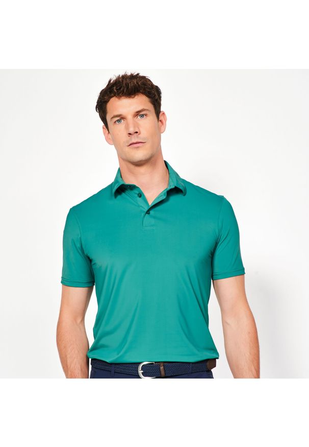 INESIS - Koszulka polo do golfa z krótkim rękawem męska Inesis WW900. Typ kołnierza: golf, polo. Kolor: zielony. Materiał: materiał, poliamid, elastan. Długość rękawa: krótki rękaw. Długość: krótkie