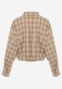 Born2be - Beżowa Krótka Bawełniana Koszula w Kratę z Marszczeniem Wenatia. Okazja: na co dzień. Kolor: beżowy. Materiał: bawełna. Długość: krótkie. Styl: casual #3
