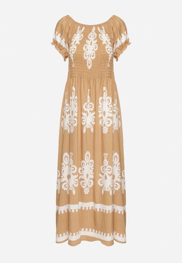 Born2be - Ciemnobeżowa Sukienka o Kroju Hiszpanki Zdobiona Orientalnym Wzorem Aravine. Okazja: na co dzień. Typ kołnierza: dekolt hiszpanka. Kolor: beżowy. Materiał: jeans. Długość rękawa: krótki rękaw. Wzór: aplikacja. Sezon: lato. Styl: elegancki, casual