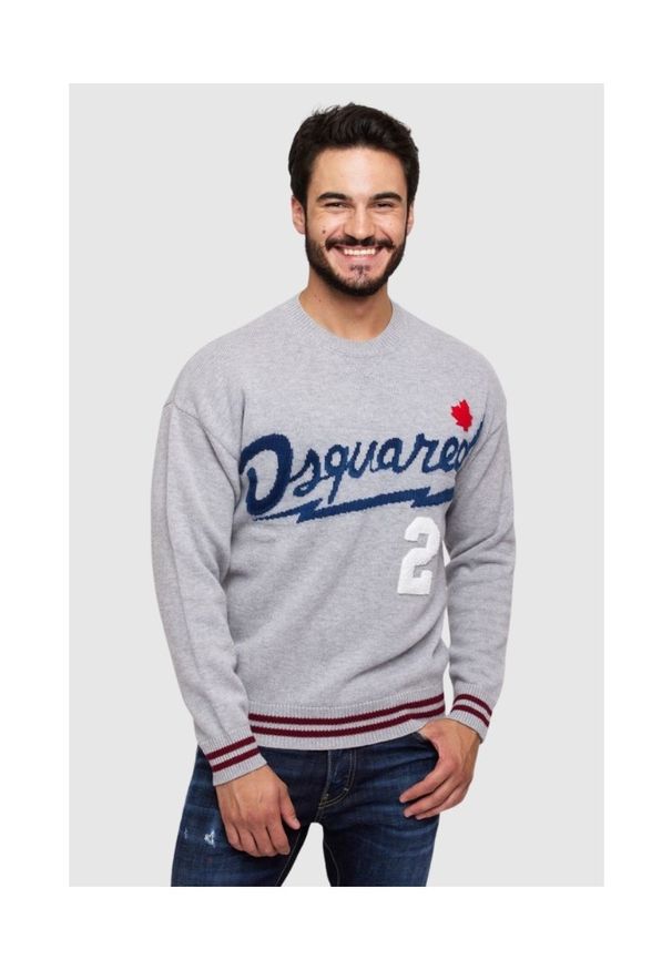 DSQUARED2 Szary sweter męski z granatowym logo, Rozmiar S. Kolor: szary. Materiał: wełna. Wzór: aplikacja