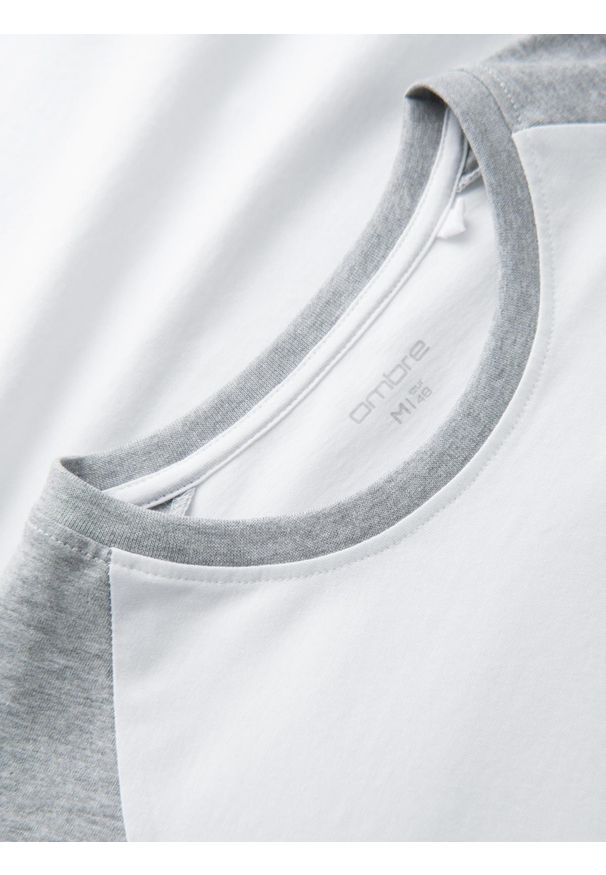 Ombre Clothing - Longsleeve męski z raglanowymi kontrastowymi rękawami – biało-szary V5 OM-LSCL-0105 - XXL. Okazja: na co dzień. Kolor: szary. Materiał: skóra, jersey, dzianina, bawełna, materiał. Długość rękawa: długi rękaw. Wzór: ze splotem. Styl: klasyczny, casual