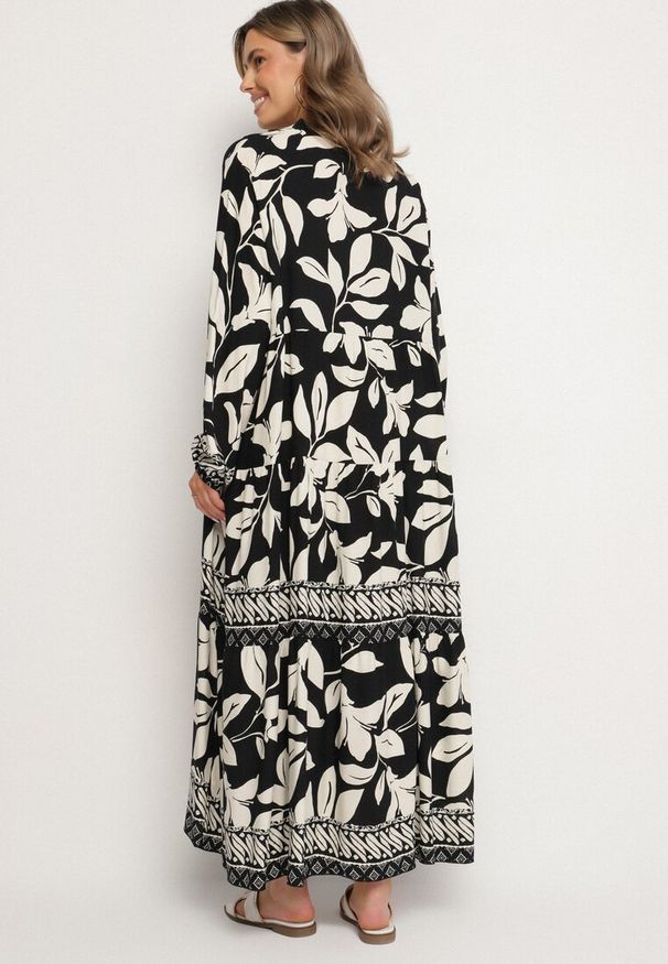 Born2be - Czarna Koszulowa Sukienka z Wiskozy z Motywem Liści Liorenna. Okazja: na co dzień. Kolor: czarny. Materiał: wiskoza. Wzór: kolorowy. Sezon: wiosna, lato. Typ sukienki: koszulowe. Styl: casual, klasyczny