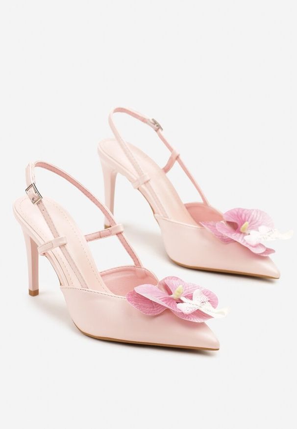 Renee - Różowe Sandały na Szpilce Vices Slingback z Kwiatem 3D Koviano. Okazja: na imprezę. Zapięcie: sprzączka. Kolor: różowy. Wzór: kwiaty. Obcas: na szpilce. Styl: klasyczny, elegancki