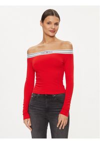 Tommy Jeans Bluzka Logo Taping DW0DW17890 Czerwony Slim Fit. Kolor: czerwony. Materiał: syntetyk