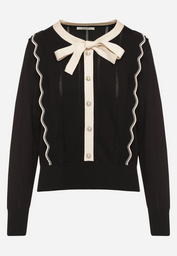 Born2be - Czarny Sweter z Wiskozą Ozdobiony Kokardą Eleganckimi Guzikami i Kontrastowymi Detalami Miariel. Okazja: na co dzień. Typ kołnierza: kokarda. Kolor: czarny. Materiał: wiskoza. Długość rękawa: długi rękaw. Długość: długie. Wzór: aplikacja. Styl: elegancki