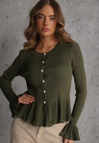 Renee - Zielony Wiskozowy Kardigan w Prążki z Falbankami i Guzikami z Cyrkoniami Danareia. Okazja: na co dzień, na imprezę. Typ kołnierza: kołnierz z falbankami. Kolor: zielony. Materiał: wiskoza. Wzór: prążki. Styl: casual #8