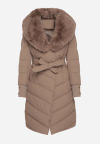 Born2be - Ciemnobeżowa Elegancka Kurtka z Pikowanymi Przeszyciami i Futrzanym Kołnierzem Gallea. Okazja: na spacer, na co dzień. Kolor: beżowy. Materiał: futro. Sezon: zima. Styl: elegancki #2