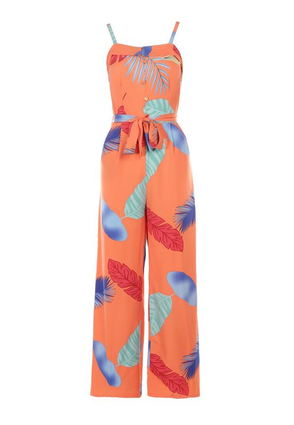 Born2be - Pomarańczowy Kombinezon Cnassiphae. Okazja: na co dzień. Kolor: pomarańczowy. Materiał: materiał, tkanina. Długość rękawa: na ramiączkach. Długość: długie. Wzór: aplikacja, nadruk. Styl: casual