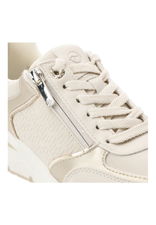Beżowe Sneakersy Tamaris Modne Obuwie Damskie Na Koturnie. Okazja: na co dzień. Zapięcie: sznurówki. Kolor: beżowy. Materiał: materiał. Szerokość cholewki: normalna. Obcas: na koturnie. Styl: casual