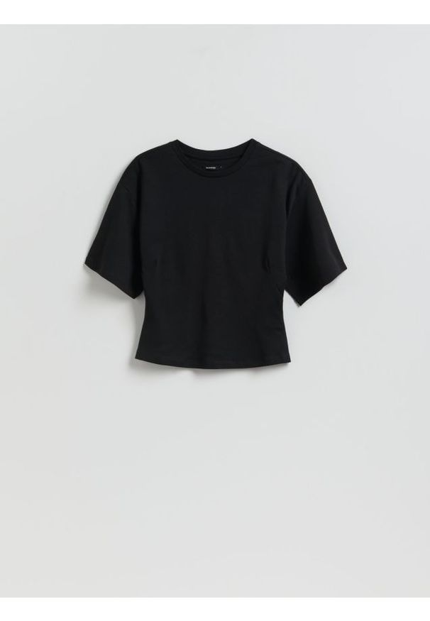 Reserved - Taliowany t-shirt - czarny. Kolor: czarny. Materiał: dzianina, bawełna. Styl: klasyczny