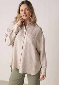 Born2be - Beżowa Wiskozowa Koszula z Dodatkiem Lnu z Tkaniny Strukturalnej Noma. Okazja: na co dzień. Kolor: beżowy. Materiał: tkanina, wiskoza, len. Styl: casual #8