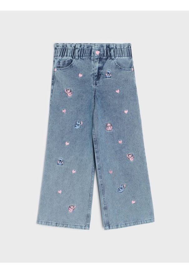 Sinsay - Jeansy wide leg z haftem Lilo & Stitch - niebieski. Kolor: niebieski. Wzór: haft
