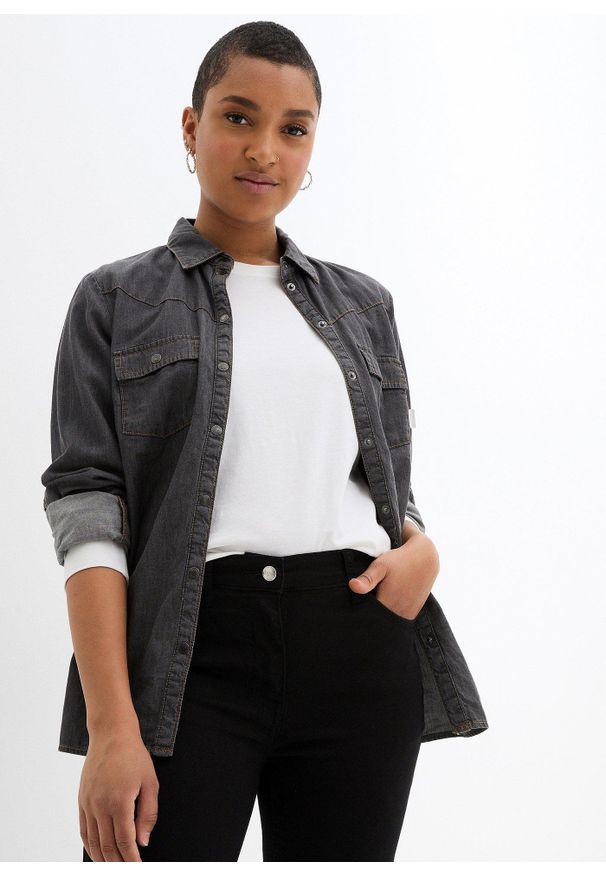 bonprix - Dżinsy o kroju slim fit, mid waist, z wygodnym paskiem. Kolor: czarny