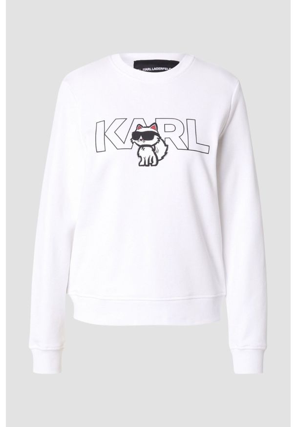 Karl Lagerfeld - KARL LAGERFELD Biała bluza damska Ikon z nadrukiem, Rozmiar XS. Typ kołnierza: dekolt w karo. Kolor: biały. Materiał: bawełna. Wzór: nadruk. Styl: klasyczny