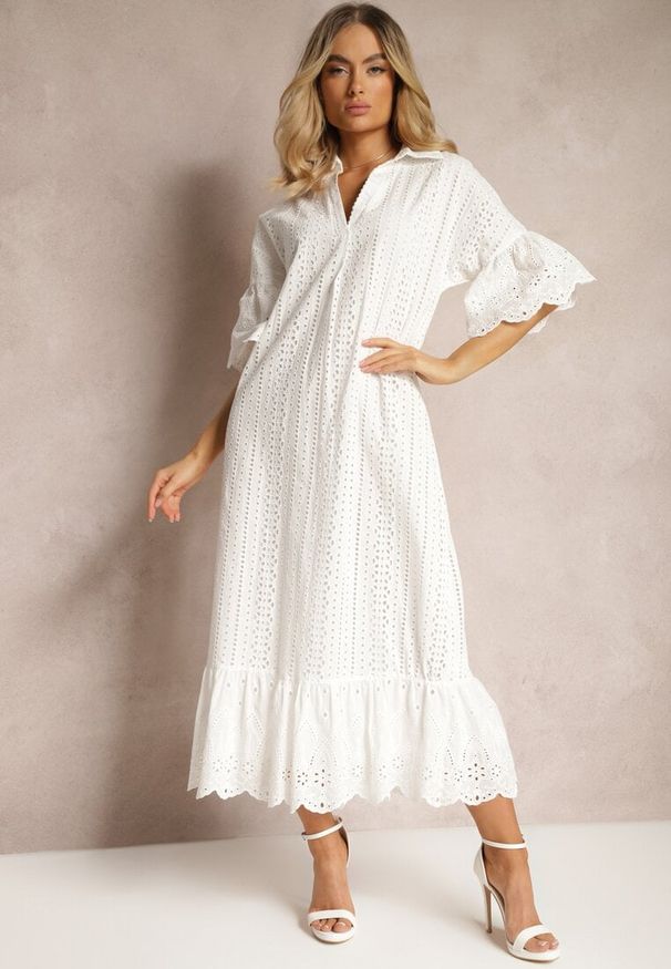 Renee - Biała Koronkowa Sukienka z Bawełny z Rękawem 3/4 o Rozszerzanym Kroju z Falbanką Mines. Kolor: biały. Materiał: koronka, bawełna. Styl: elegancki