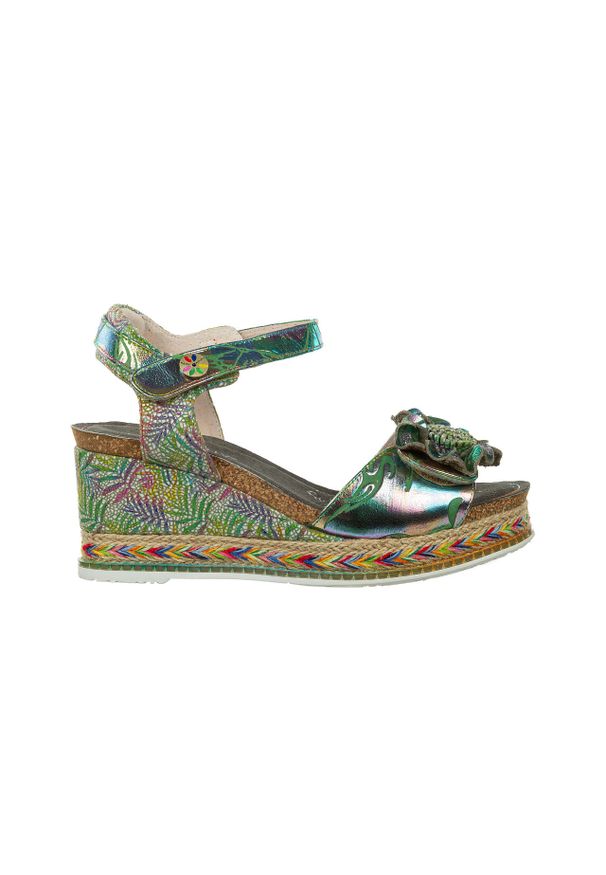 Sandały Laura Vita Hacdeo 09 Olive 202045, Zielony, Skóra naturalna - 40. Zapięcie: rzepy. Kolor: zielony. Materiał: skóra. Wzór: aplikacja, paski. Obcas: na koturnie. Styl: elegancki. Wysokość obcasa: średni