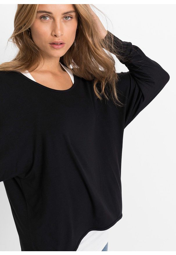 bonprix - Długi shirt z topem z mieszanki wiskozy. Kolor: czarny. Materiał: wiskoza. Długość: długie