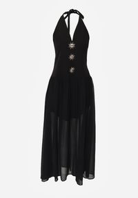 Renee - Czarna Sukienka z Dekoltem Halter i Ozodbymi Guzikami z Przodu Nesia. Typ kołnierza: dekolt halter. Kolor: czarny #7