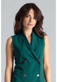 Lenitif - Elegancka żakietowa sukienka z kopertowym dekoltem dwurzędowa zielona. Okazja: do pracy, na spotkanie biznesowe. Kolor: zielony. Typ sukienki: kopertowe. Styl: elegancki. Długość: midi #1