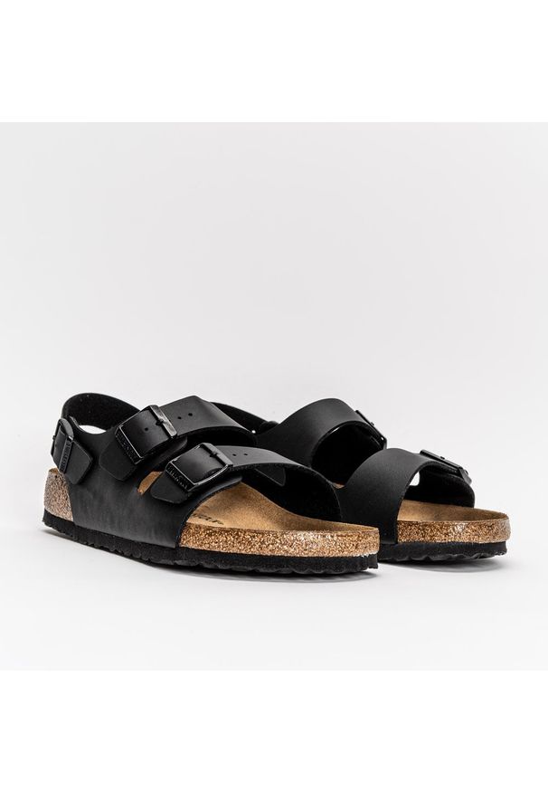 Sandały Unisex Birkenstock Milano BF (34791). Okazja: na spacer, na co dzień. Zapięcie: pasek. Kolor: czarny. Materiał: materiał, syntetyk, skóra. Wzór: paski. Styl: elegancki, casual, klasyczny