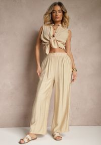 Renee - Beżowe Spodnie Palazzo o Szerokim Kroju High Waist Lislevia. Okazja: na co dzień. Stan: podwyższony. Kolor: beżowy. Styl: elegancki, casual