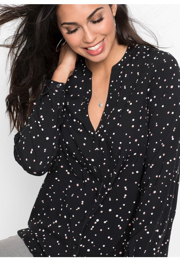 bonprix - Bluzka w kropki. Kolor: czarny. Długość: długie. Wzór: kropki. Styl: elegancki
