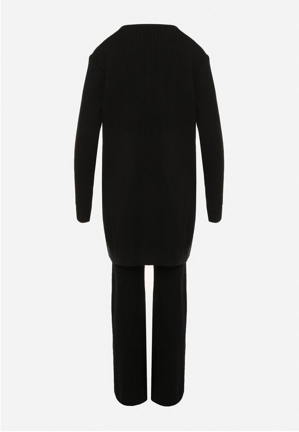 Born2be - Czarny Komplet Dzianinowy z Bawełną Spodnie Kamizelka i Długi Kardigan Meviravia. Kolor: czarny. Materiał: dzianina, bawełna