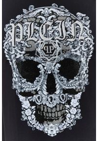 Philipp Plein - PHILIPP PLEIN Czarny męski t-shirt z czaszką zdobioną dżetami. Kolor: czarny. Wzór: aplikacja #2