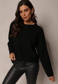 Renee - Czarny Sweter z Długim Rękawem i Przeszyciami Eviana. Kolor: czarny. Materiał: bawełna, tkanina, wiskoza. Długość rękawa: długi rękaw. Długość: długie. Wzór: aplikacja #4
